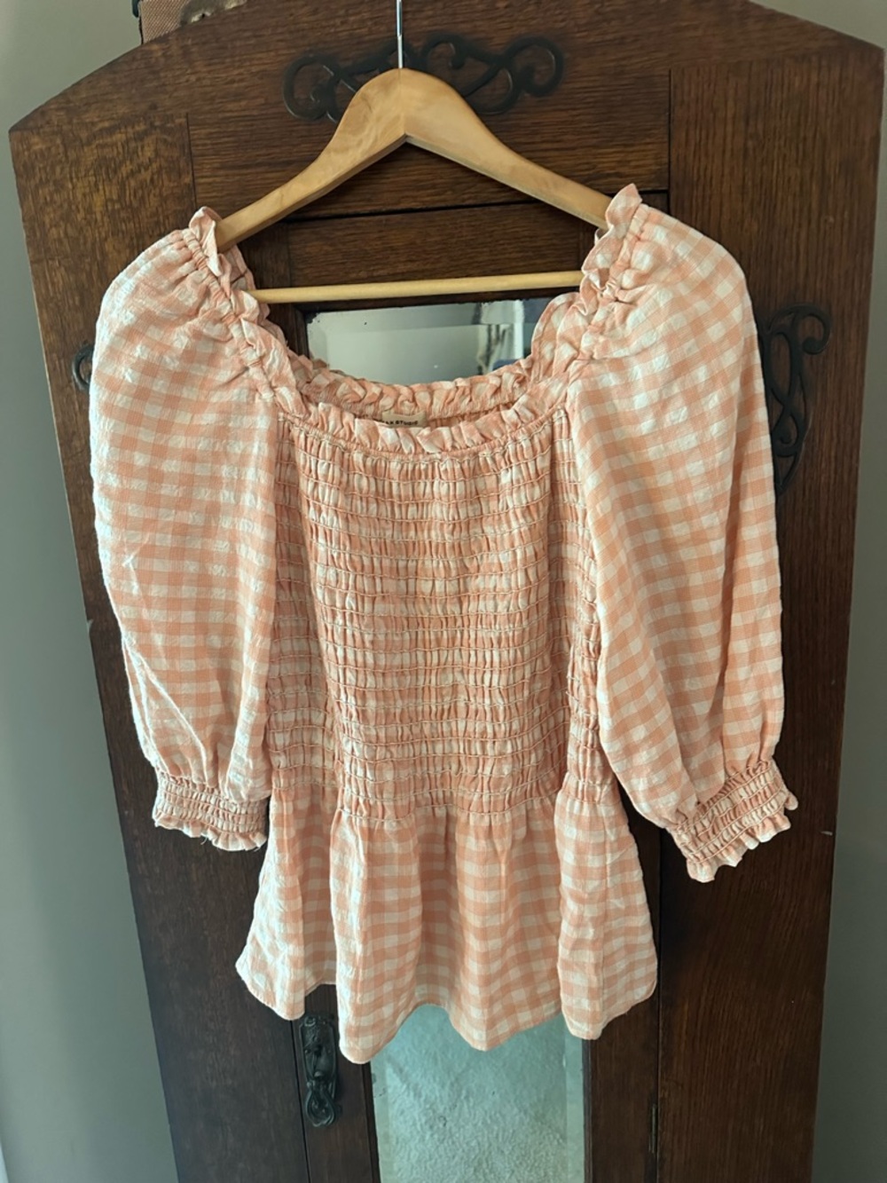 Max Studio Peach Gingham Smocked Peplum Top - Women Size L
